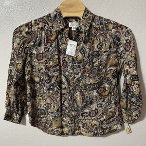 Talbots‎ Size 12WPetite Silk Button Up Blouse Top Paisley Beige Blue Red NWT